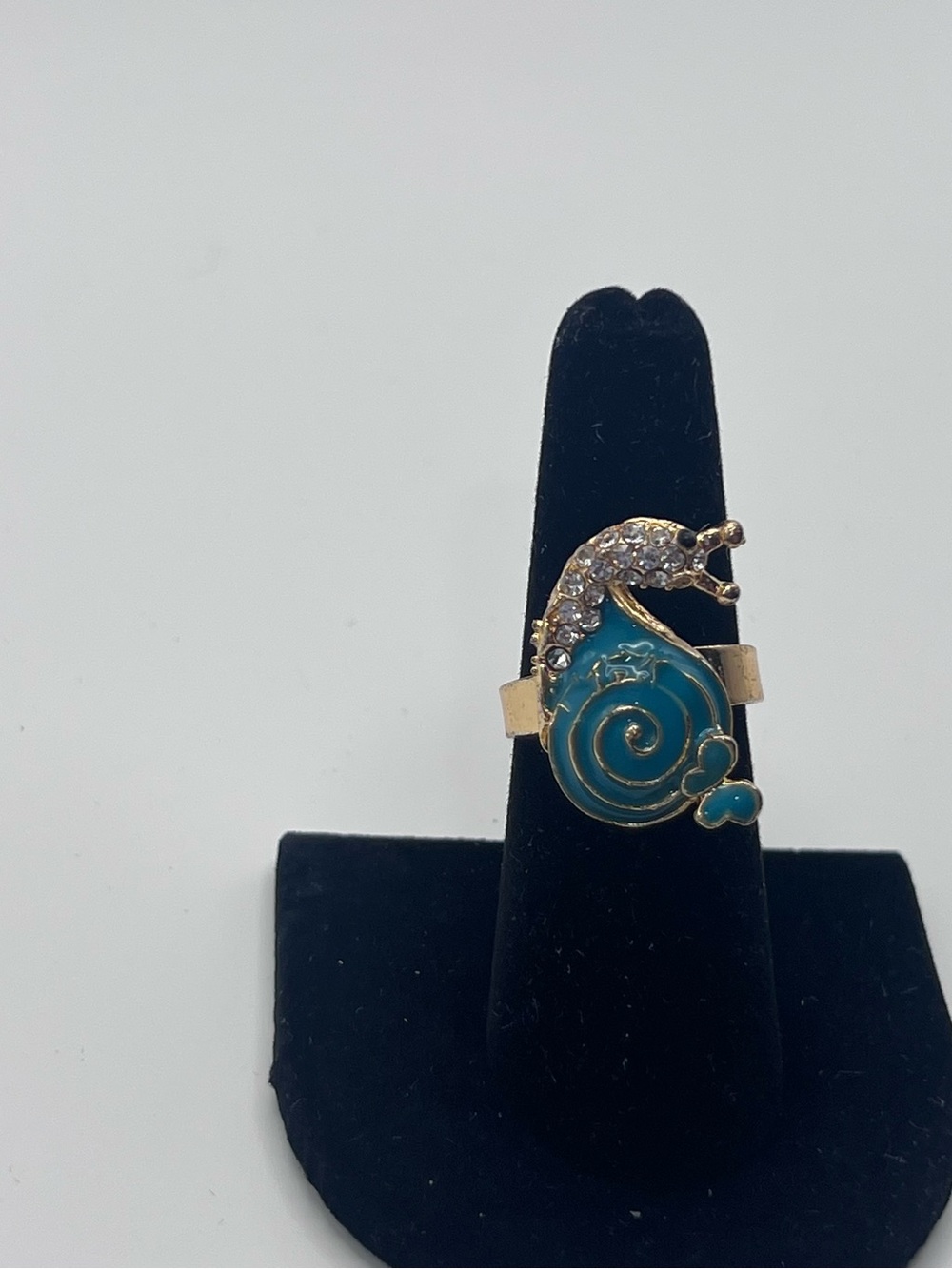 Gold-Tone Turquoise Enamel Snail Ring with Crystal Accents